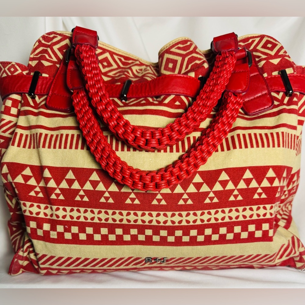 Anthropologie Tote or Shoulder Bag R + J Red Tribal HOBO Canvas Tote w/leather